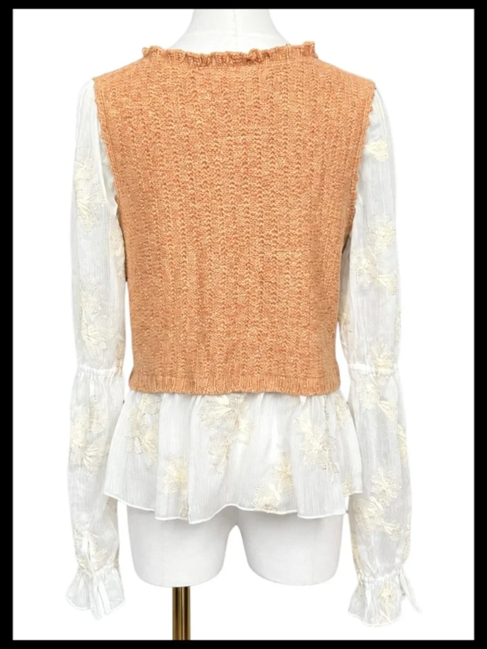 Anthropologie Layered Knit Cropped Vest Cream Orange Lace Embroidered Blouse_S